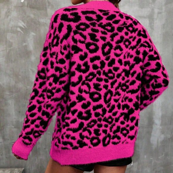 Hot Pink Casual Women's Contrast Color Leopard Print Long Sleeve Knit Cardigan - Picture 2 of 6